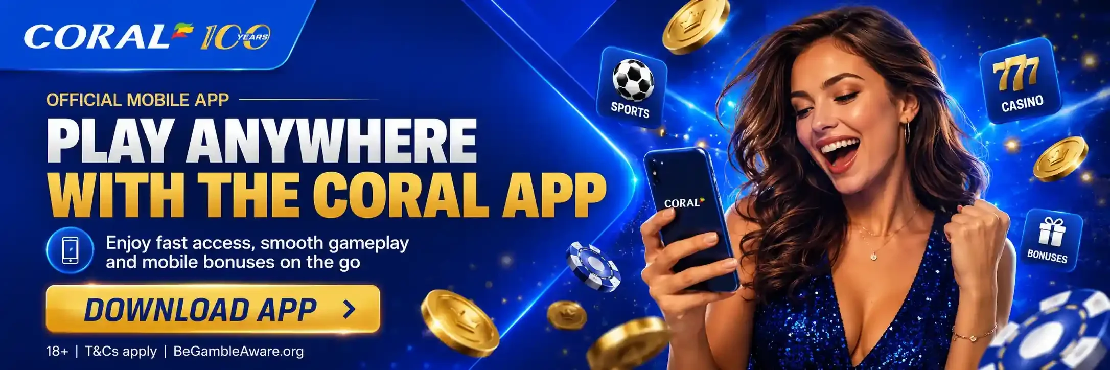 Happy woman using Coral mobile app for betting and bonuses