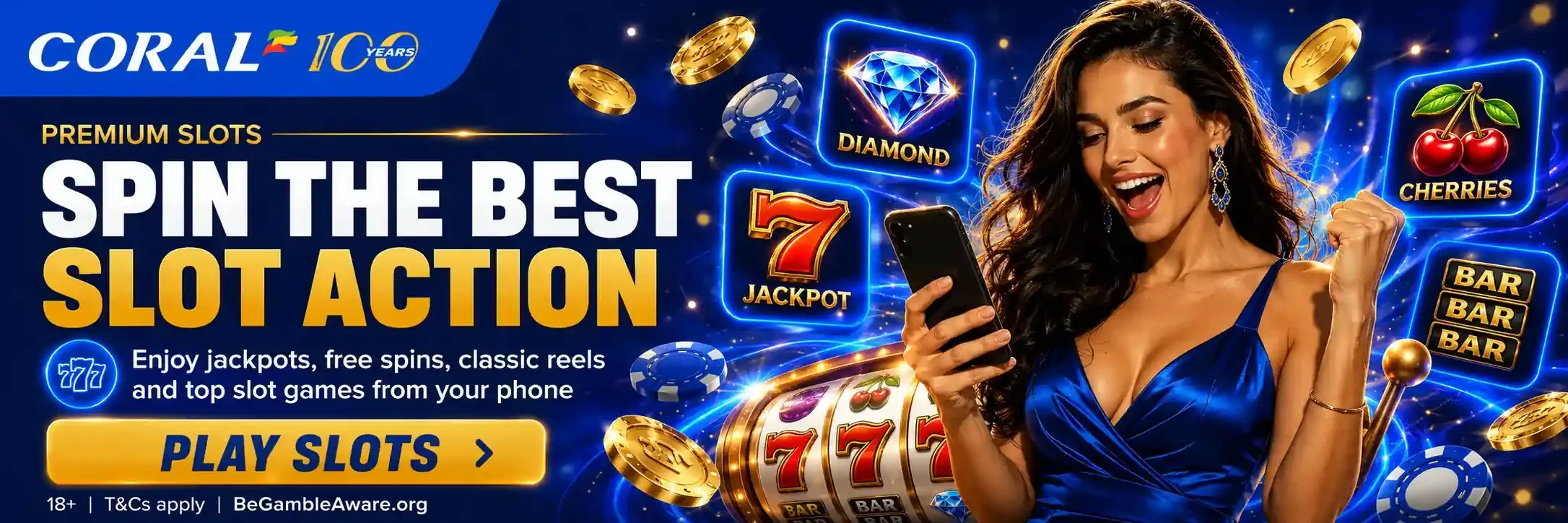 Woman enjoying jackpots, free spins and classic slot reels